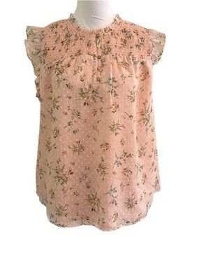LOFT Pink Floral Ruffle-Sleeve Top, Size L